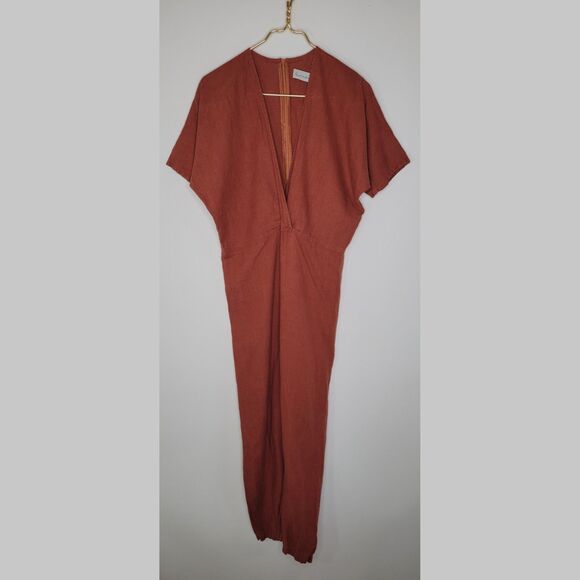 LOVE & CONFUSE Rust Brown Linen Jumpsuit Size S Surplice Back Zip Cropped Boho - Picture 3 of 9